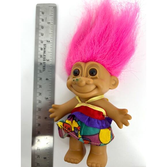 Vintage RUSS Lucky Troll Doll Rainbow Clothes Pink Hair Brown Eyes - Picture 5 of 7
